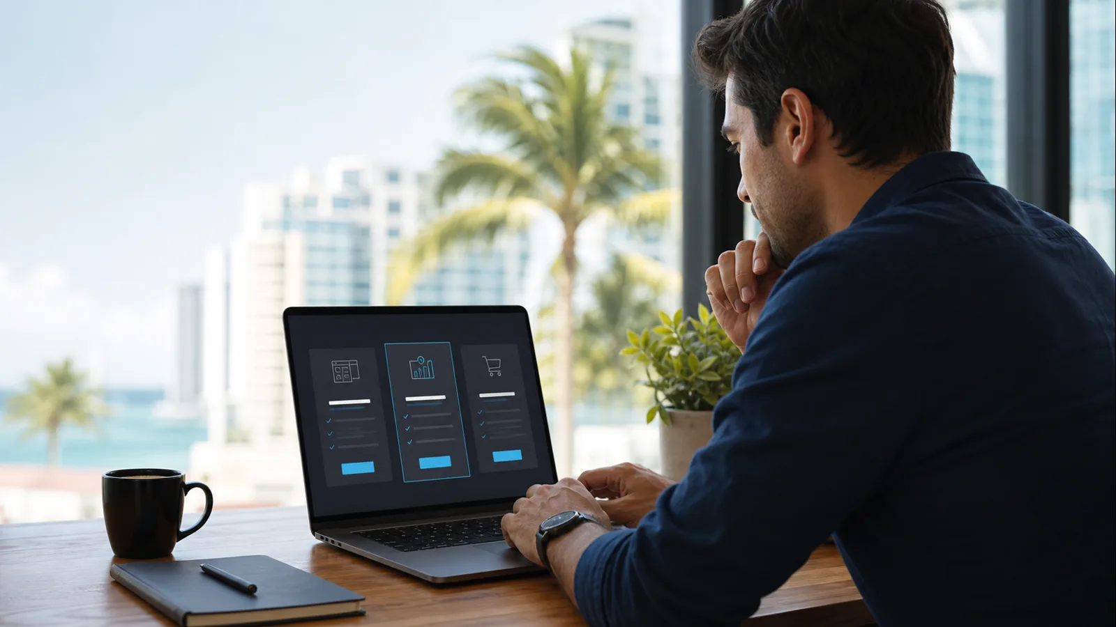Dueño de negocio en Miami revisando precios de diseño web en un laptop